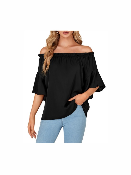 Tops - Vrtige Off Shoulder Ruffle Bell Short Sleeve Ruched Casual Top Blouse Shirt